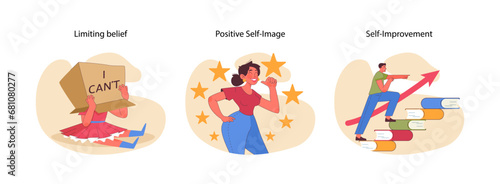 Neuro-linguistic programming set. Overcoming barriers, fostering confidence, pursuing personal growth. Free from self-doubt, celebrating achievements. Stepping stones to success. Flat vector