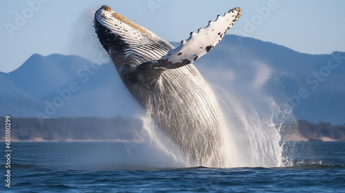 Majestic Breach: An awe-inspiring shot capturing the moment a humpback whale breaches the ocean surface, creating a stunning display of power and grace © Наталья Евтехова