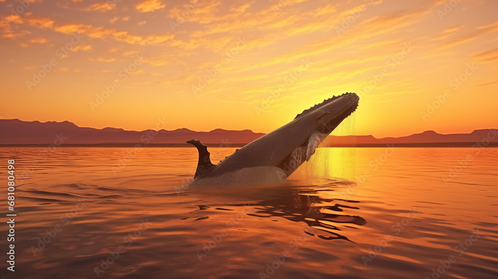Fototapeta premium Golden Horizon: A visually elaborate shot of a whale swimming towards the horizon during the golden hours of sunrise, creating a serene and majestic ambiance