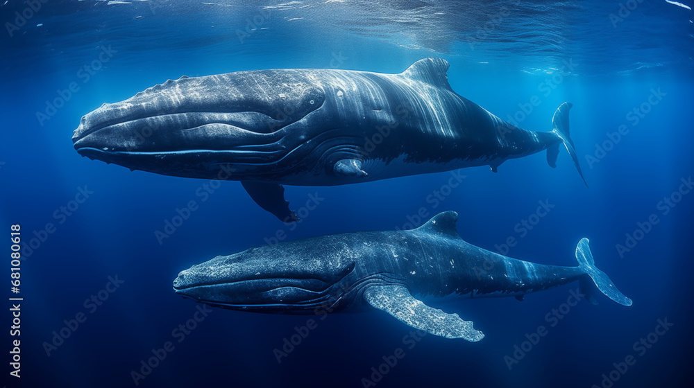 Fototapeta premium Dynamic Duo: An image featuring two whales swimming side by side, creating a visually dynamic and harmonious composition in the open sea