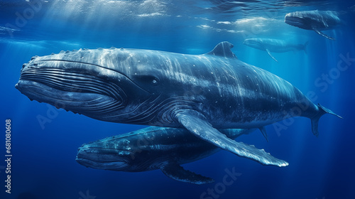 Dynamic Duo: An image featuring two whales swimming side by side, creating a visually dynamic and harmonious composition in the open sea