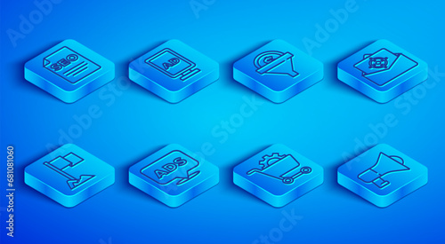 Set line SEO optimization, Advertising, Lead management, Shopping cart, Mail and e-mail, Location marker and Megaphone icon. Vector