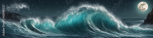 Banner with giant ocean surf wave at night. Seascape illustration with night stormy sea, turquoise water with white foam and splashes, moon and starry sky. Generative AI