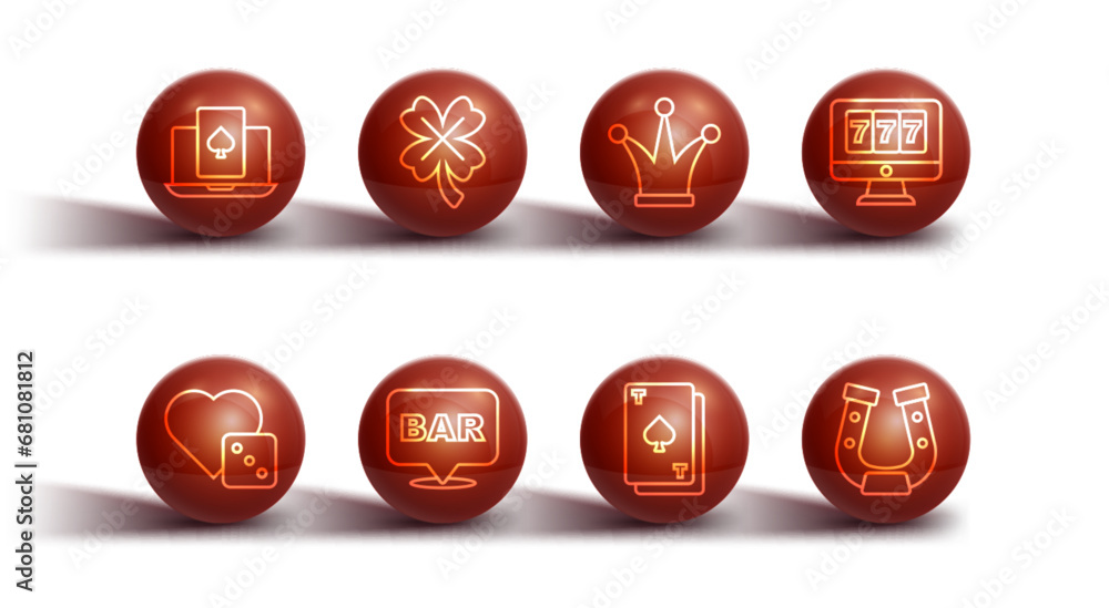 Set line Online poker table game, Game dice, slot machine with jackpot, Playing card spades, Alcohol bar location, Casino clover, Horseshoe and Joker playing icon. Vector Set line Online poker table game, Game dice, slot machine with jackpot, Playing card spades, Alcohol bar location, Casino clover, Horseshoe and Joker playing icon. Vector