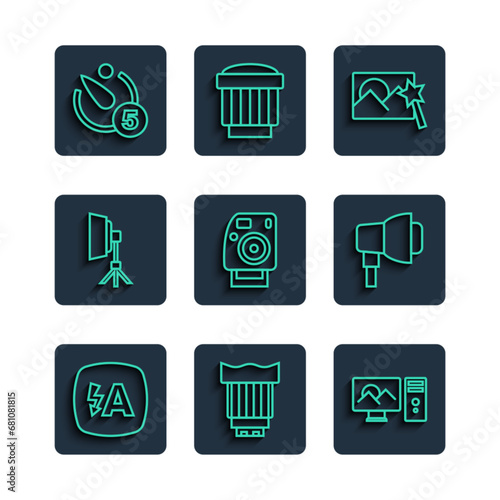 Set line Auto flash, Camera photo lens, Photo retouching, camera, Softbox light, timer and icon. Vector