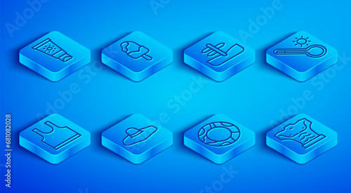 Set line Sunscreen cream in tube, Ice, Road traffic sign, Elegant women hat, Rubber swimming ring, Meteorology thermometer, Sleeveless T-shirt and Bodybuilder muscle icon. Vector