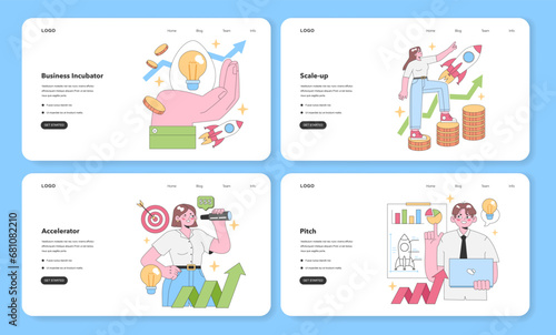 Startup growth journey set. Business incubator nurturing idea, scaling venture, fast-paced expansion, and data-driven pitch. Business incubator, Scale-up, Accelerator, and Pitch. vector illustration.