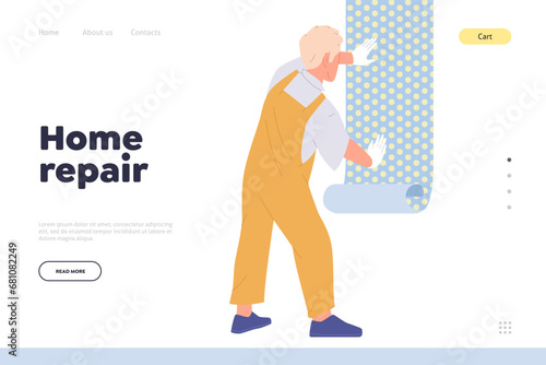 Home repair service online landing page template with craftsman character applying wallpaper