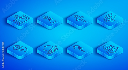 Set line Egyptian house, Hookah, Cross ankh, ship, Crook, Eye of Horus, Nefertiti and man icon. Vector