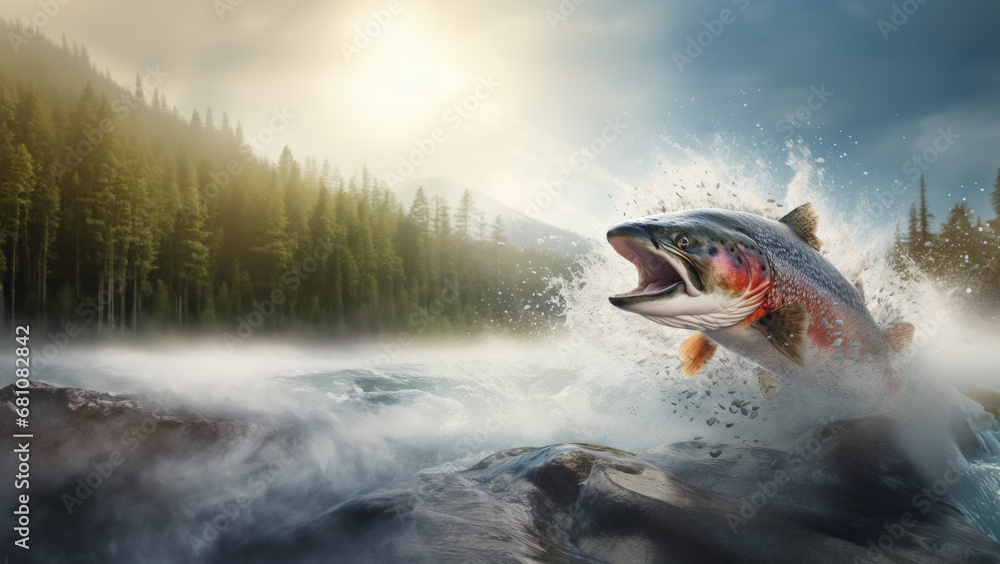 Fototapeta premium Salmon Leaping in a Stream created with Generative AI Technology, ai, generative