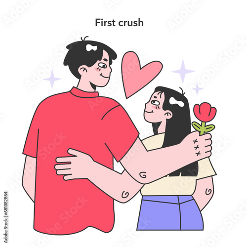 First love or crush. Cute romantic couple, girl and guy on a date. Teenager years life milestones. Teen boy getting old and gain new experience. Flat vector illustration