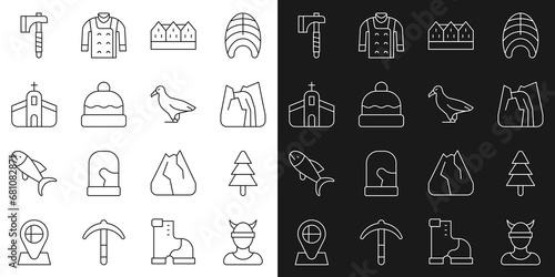 Set line Viking head, Tree, Waterfall, Norwegian wooden house, Beanie hat, Church building, Wooden axe and Albatross icon. Vector