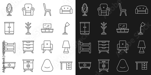 Set line Office desk, Table lamp, Chair, Coat stand, Wardrobe, Mirror and TV table icon. Vector