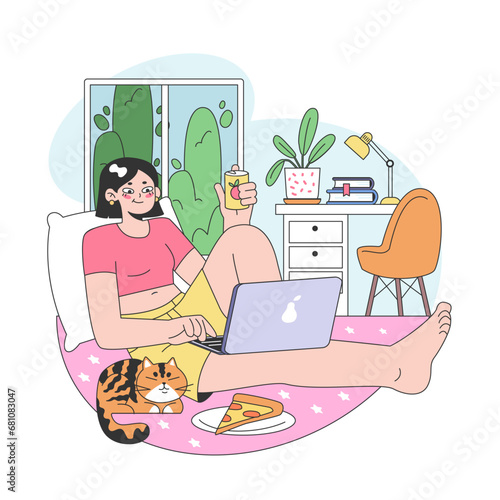 Co-living. Friends or roommates living together. Characters hang out in dormitory or student apartment. Joint living and recreation in friends company. Flat vector illustration.