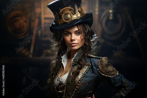 A Stylish Woman Wearing a Steampunk Top Hat and a Matching Dress. A woman wearing a top hat and a steampunk style dress.