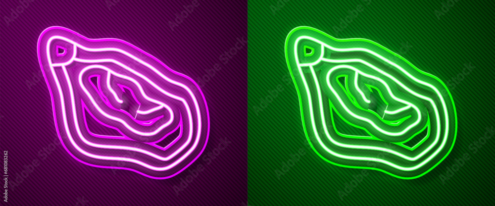 Glowing neon line Mussel icon isolated on purple and green background. Fresh delicious seafood. Vector