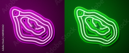 Glowing neon line Mussel icon isolated on purple and green background. Fresh delicious seafood. Vector