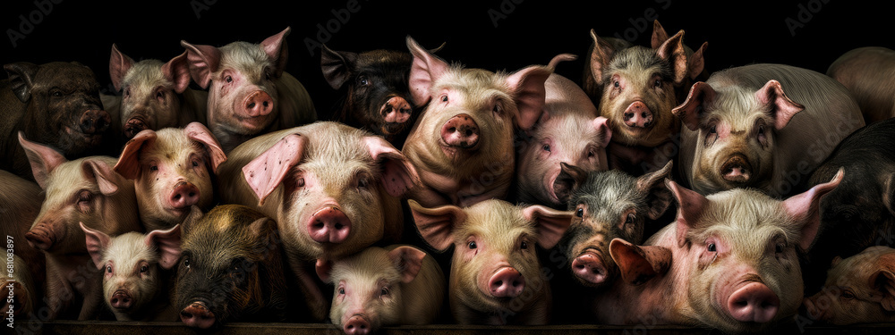 portrait of a group of pigs of different breeds with black background - obrazy, fototapety, plakaty 