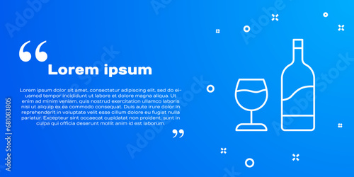 White line Wine bottle with glass icon isolated on blue background. Vector