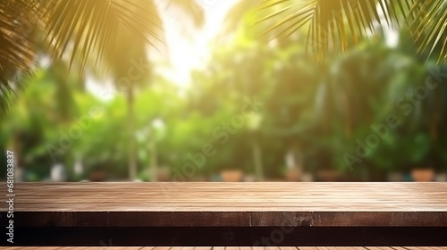Wooden table wit a blured beach background, empty spot for product placement © Hendrikus