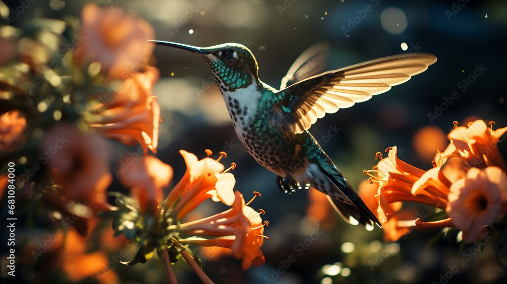 Fototapeta premium Colibrì con piume colorate e becco lungo vola vicino ai fiori nella foresta