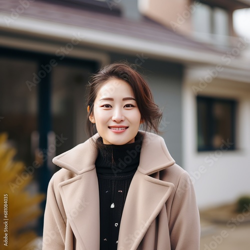 Young but elegant asian woman with a long black hair, wearing a coat and standing in front of a modern house