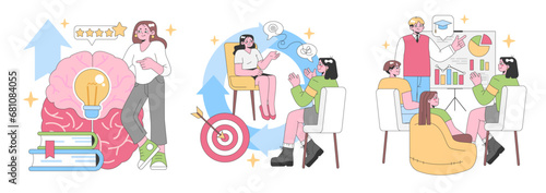 Professional Growth set. Brainstorming sessions ignite ideas. Target achieving. Collaborative discussions lead to success. Presentation of analytical insights. Knowledge sharing. Flat vector