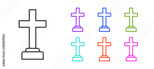 Black line Man graves funeral sorrow icon isolated on white background. The emotion of grief, sadness, sorrow, death. Set icons colorful. Vector