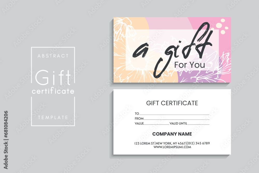 Fototapeta premium Set of colorful gift cards template. Modern style vector illustration of flowers for saloon, gallery, spa, shop. Gift voucher