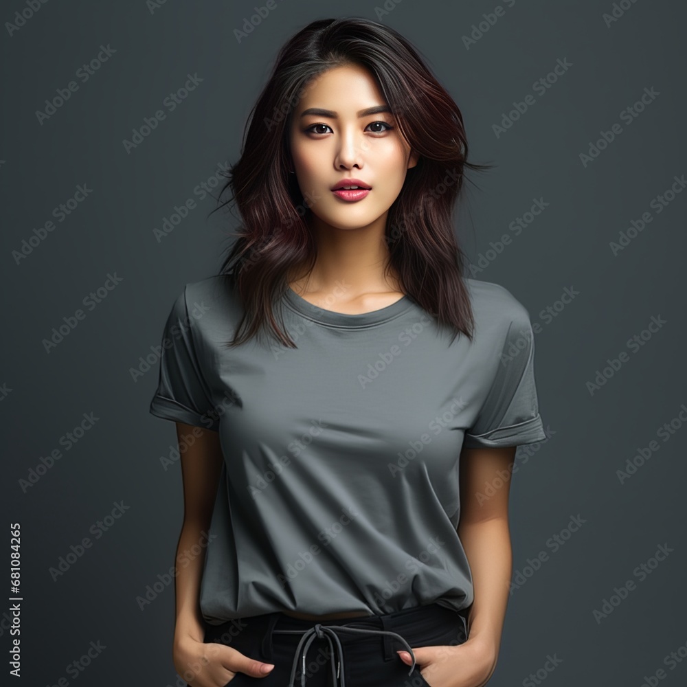 Fototapeta premium Beautiful asian woman with flowing black hair, wearing a dark t-shirt on a dark background