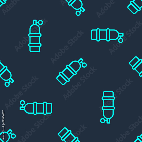 Green line Aqualung icon isolated seamless pattern on blue background. Oxygen tank for diver. Diving equipment. Extreme sport. Diving underwater equipment. Vector