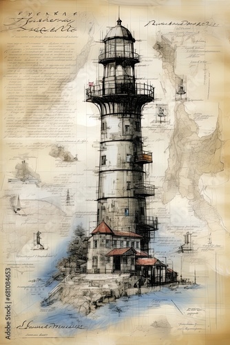 Lighthouse sketch drawing. Nautical and sailing concept. Poster design. Generative