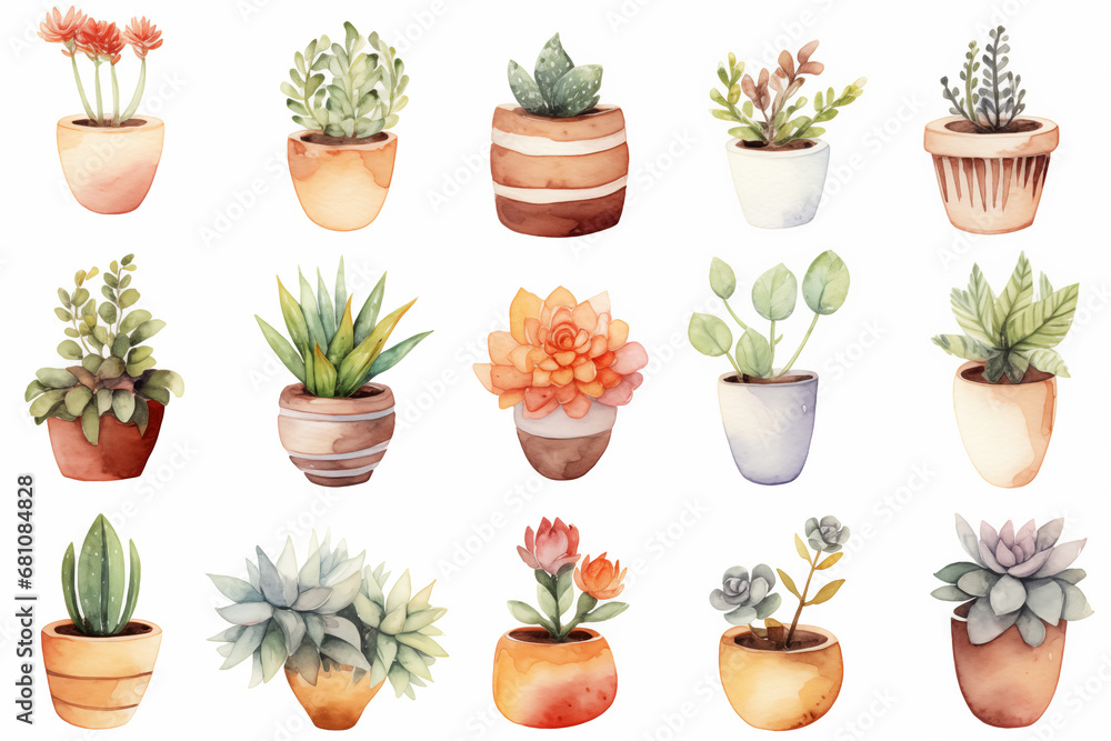 Watercolor from a cute succulent pot plants on white background.