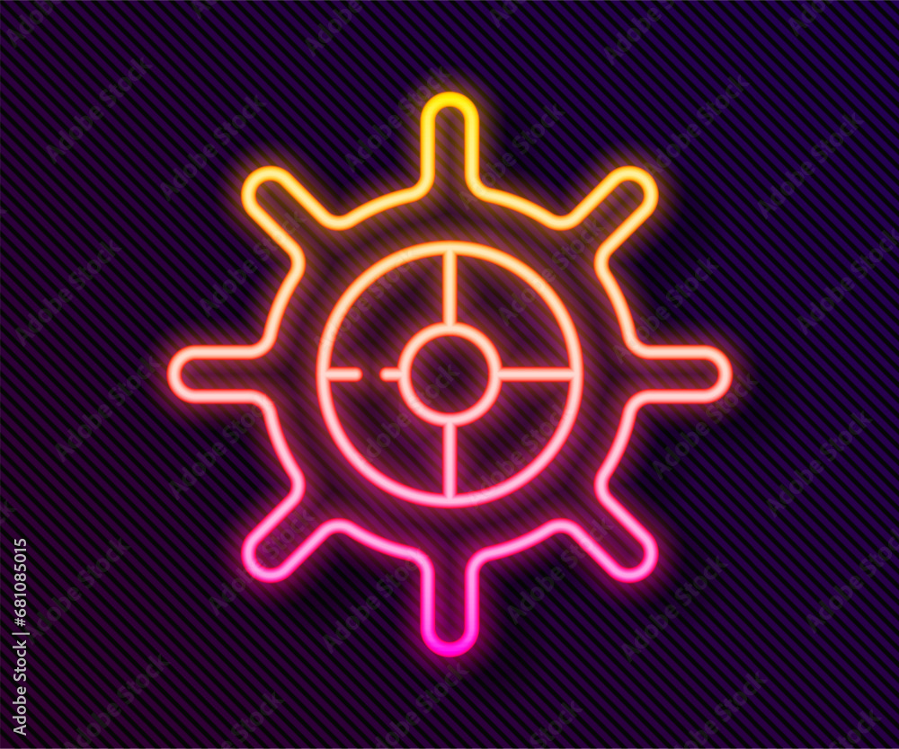 Obraz premium Glowing neon line Ship steering wheel icon isolated on black background. Vector
