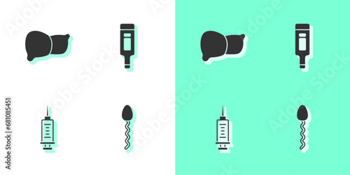 Set Sperm, Human organ liver, Syringe and Digital thermometer icon. Vector