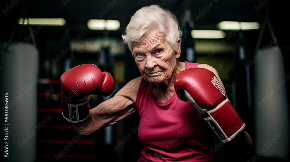An old woman boxer on guard wearing a red tank top and boxe gloves in a combat gym. An old woman boxer on guard wearing a red tank top and boxe gloves in a combat gym.