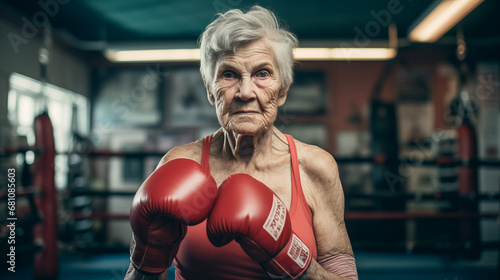 An old woman boxer on guard wearing a red tank top and boxe gloves in a combat gym. © Andrea Raffin