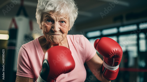 An old woman boxer on guard wearing a pink t-shirt and boxe gloves in a combat gym. © Andrea Raffin