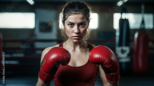 A beautiful young girl boxer wearing red boxe gloves and a tank top in a gym looking into the camera lens. 