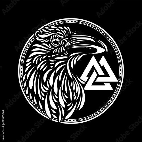 Valknut and Odin's ravens - munin and hugin inscription on the runes. Ancient Celtic and Scandinavian pagan symbol