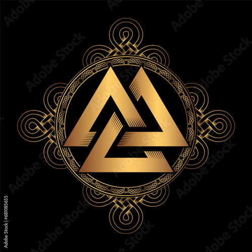 Valknut and Odin's ravens - munin and hugin inscription on the runes. Ancient Celtic and Scandinavian pagan symbol
