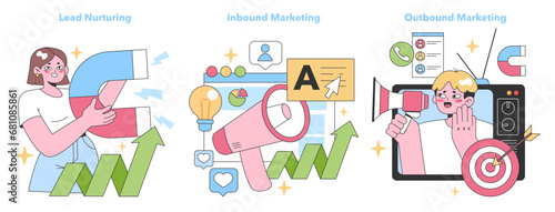 Marketing Tactics set. Demonstrating lead nurturing, inbound, and outbound strategies. Woman with pie chart, website elements, and man targeting audience. Flat vector illustration