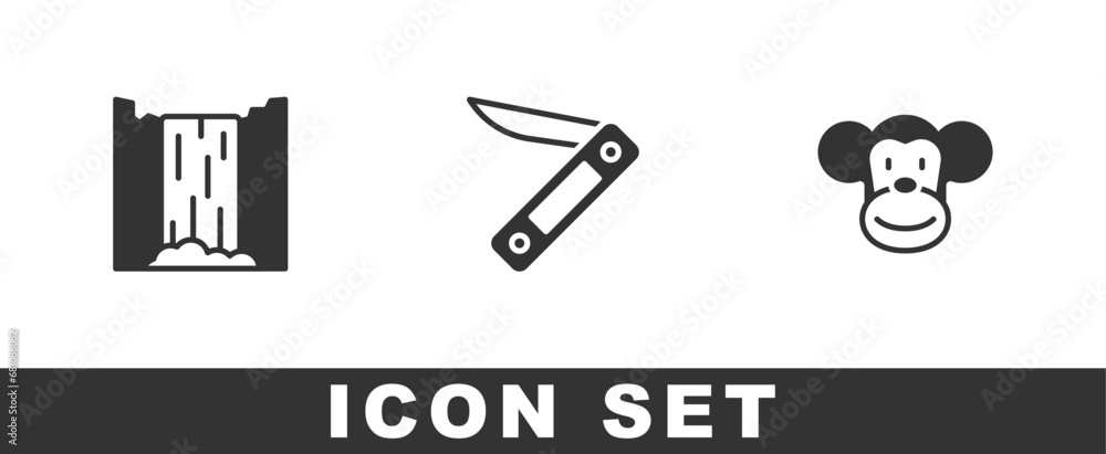 Set Waterfall, Swiss army knife and Monkey icon. Vector Set Waterfall, Swiss army knife and Monkey icon. Vector