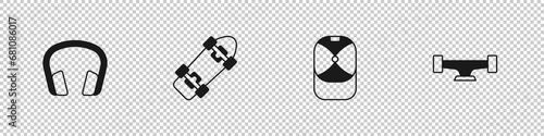 Set Headphones, Skateboard, Baseball cap and wheel icon. Vector