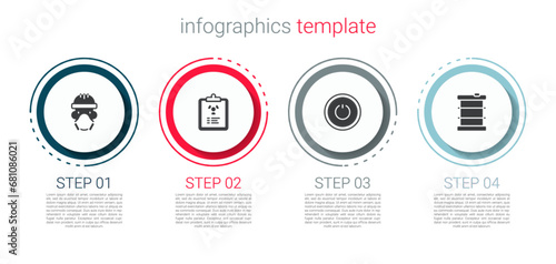 Set Nuclear reactor worker, Radiation warning document, Power button and Radioactive waste barrel. Business infographic template. Vector
