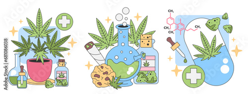 Cannabis set. Medical and recreational marijuana. Plants, joint, cookies, molecular structure. CBD oil benefits, holistic healing. Flat vector illustration.