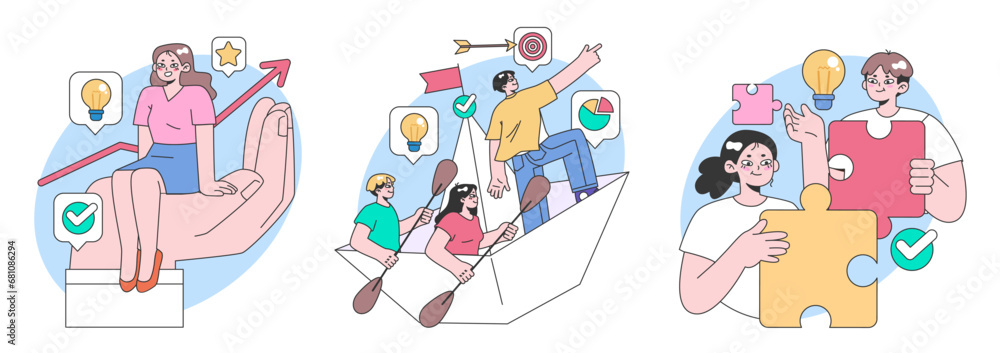 Fototapeta premium Teamwork set. Colleagues collaborating on projects. Ideas sparking, chart growth, aiming high. Assembling puzzle, unity in action. Flat vector illustration.