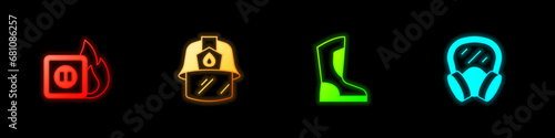 Set Electric wiring of socket in fire, Firefighter helmet, boots and Gas mask icon. Vector