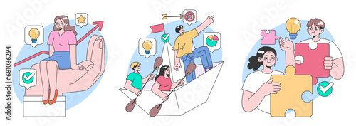 Teamwork set. Colleagues collaborating on projects. Ideas sparking, chart growth, aiming high. Assembling puzzle, unity in action. Flat vector illustration.