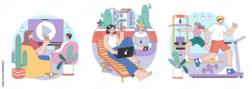 Obraz premium Leisure in Workspaces set. Colleagues relax watching videos, balcony breaks, work from home comfort, fitness during lunch. Recharge, fresh air, exercise, casual attire. Flat vector illustration